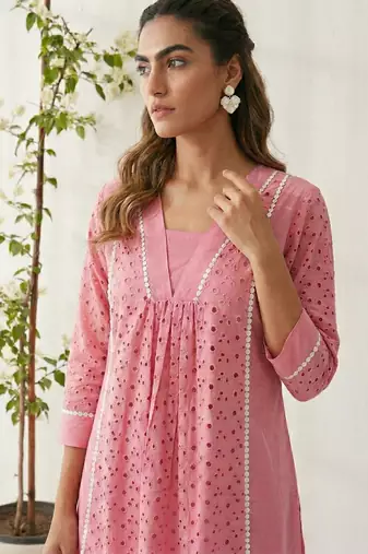 Pink pure cotton schiffli embroidered fit & flare co-ord set