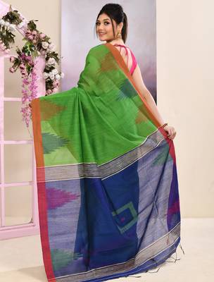 Women's green temple border embellished cotton blend jamdani saree 4