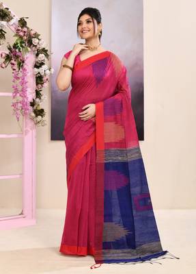 Women's pink temple border embellished cotton blend jamdani saree 1