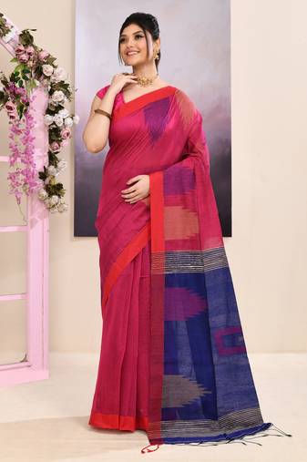 Women's pink temple border embellished cotton blend jamdani saree