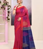 Women's pink temple border embellished cotton blend jamdani saree