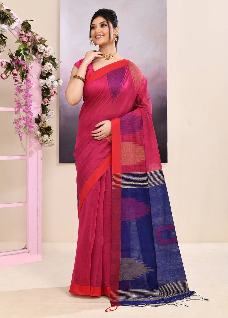 Women's pink temple border embellished cotton blend jamdani saree