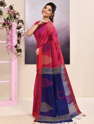 Women's pink temple border embellished cotton blend jamdani saree 2
