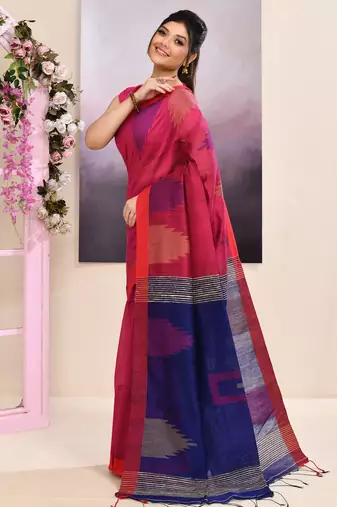 Women's pink temple border embellished cotton blend jamdani saree
