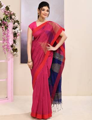 Women's pink temple border embellished cotton blend jamdani saree 3