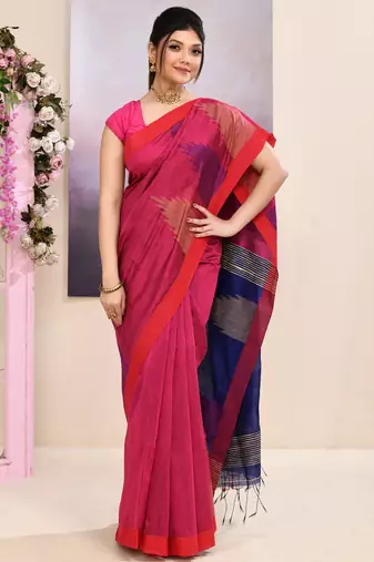 Women's pink temple border embellished cotton blend jamdani saree