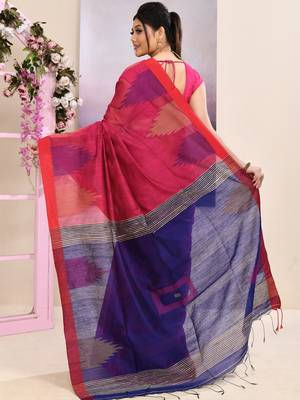 Women's pink temple border embellished cotton blend jamdani saree 4