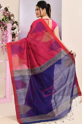 Women's pink temple border embellished cotton blend jamdani saree