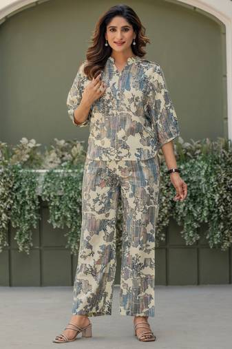 Multicolour viscose reyon printed top and pant co-ord set
