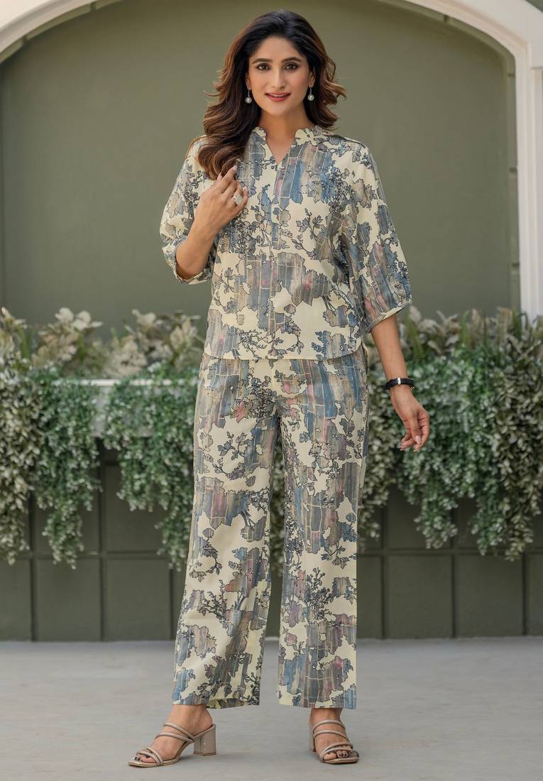 Multicolour viscose reyon printed top and pant co-ord set