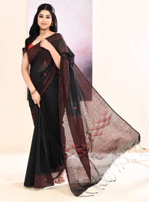 Women's black sequins embellished cotton blend jamdani saree 2
