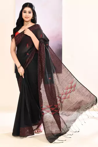 Women's black sequins embellished cotton blend jamdani saree