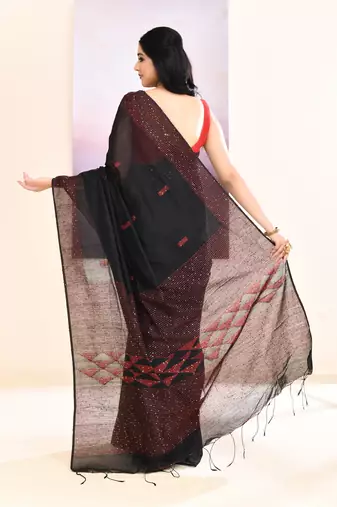 Women's black sequins embellished cotton blend jamdani saree
