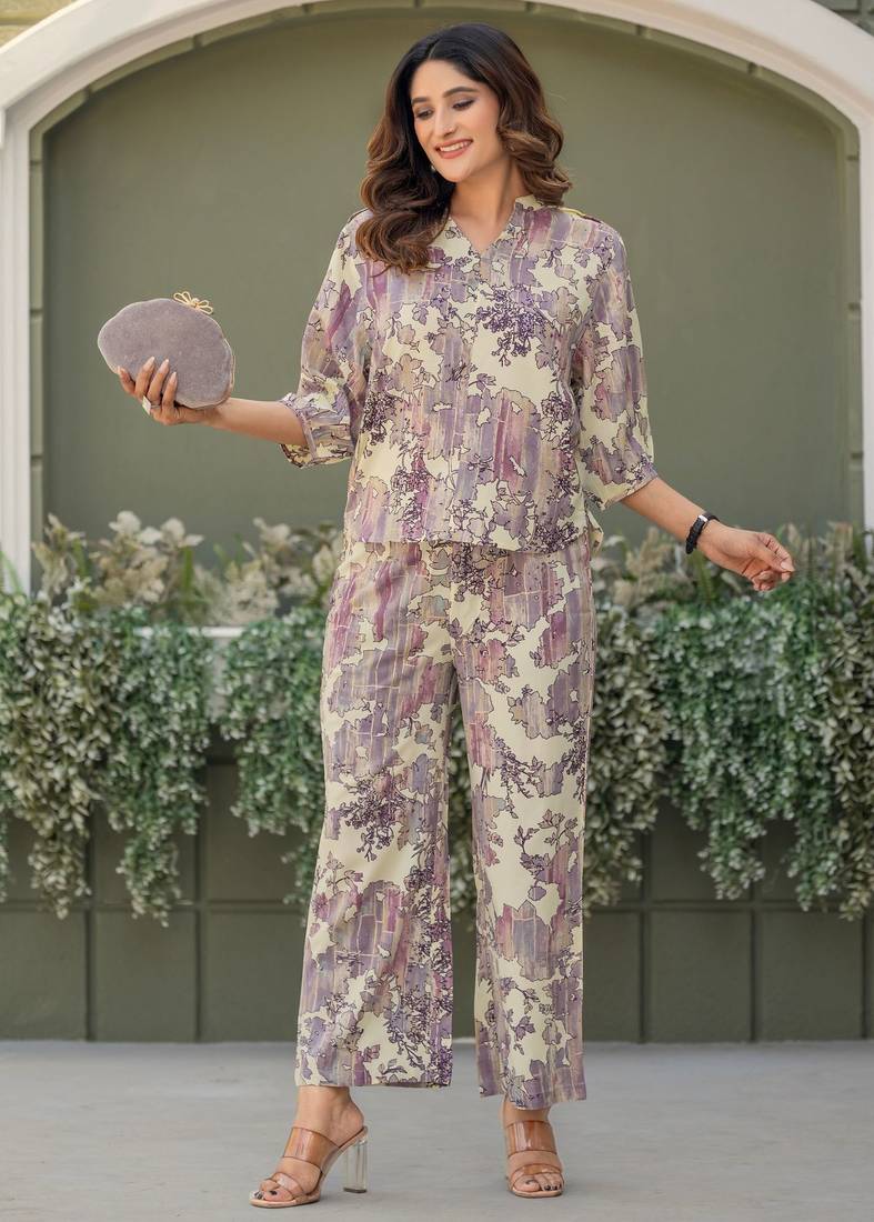 Multicolour viscose reyon printed top and pant co-ord set