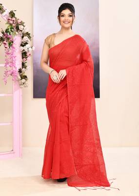 Women's red self sequins embellished cotton blend jamdani saree 1