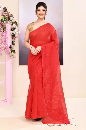 Women's red self sequins embellished cotton blend jamdani saree