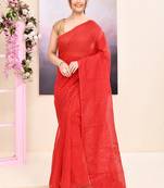 Women's red self sequins embellished cotton blend jamdani saree