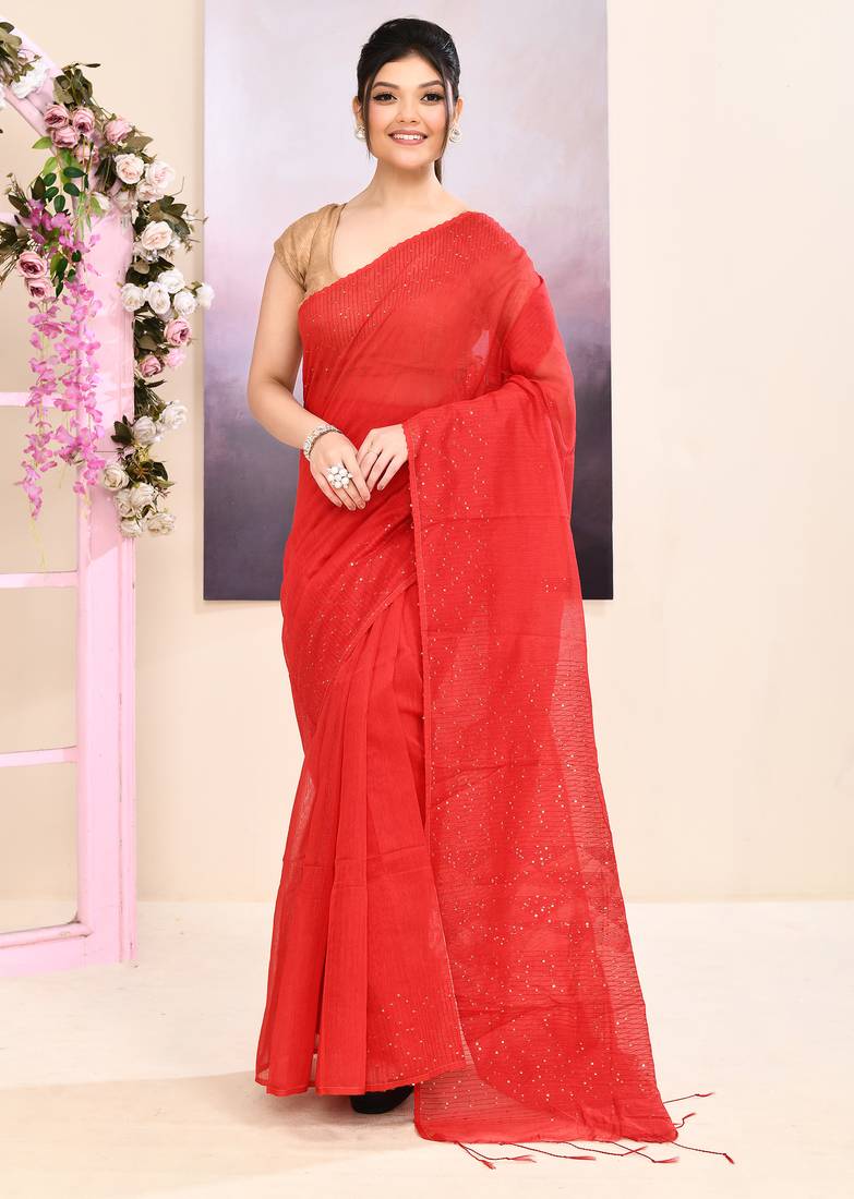 Women's red self sequins embellished cotton blend jamdani saree