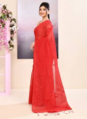 Women's red self sequins embellished cotton blend jamdani saree 2