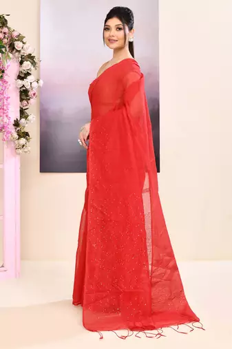 Women's red self sequins embellished cotton blend jamdani saree