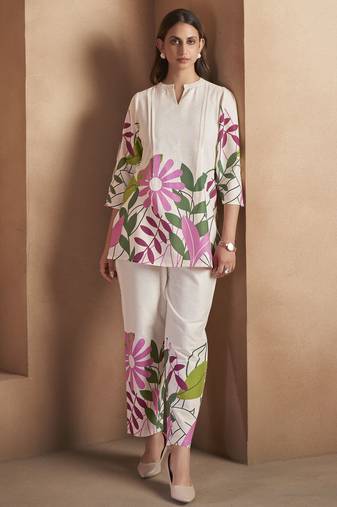 Off white pure cotton floral printed co-ord set for women