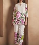 Off white pure cotton floral printed co-ord set for women