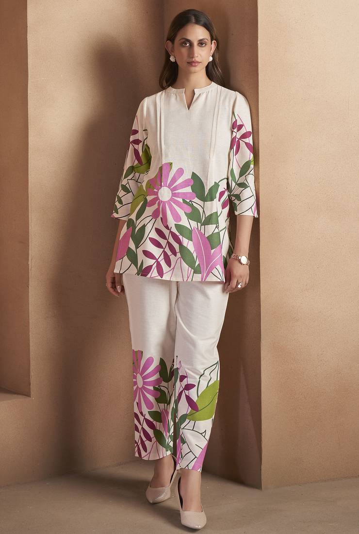 Off white pure cotton floral printed co-ord set for women