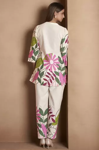 Off white pure cotton floral printed co-ord set for women