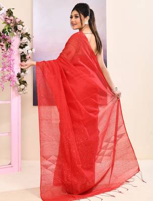 Women's red self sequins embellished cotton blend jamdani saree 4