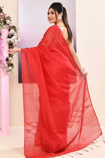 Women's red self sequins embellished cotton blend jamdani saree