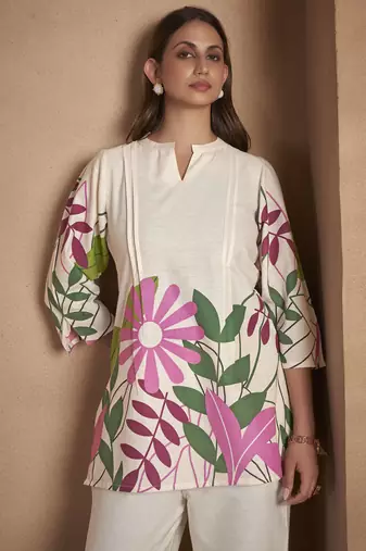 Off white pure cotton floral printed co-ord set for women