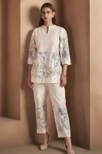 White pure cotton floral printed co-ord set for women