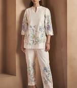 White pure cotton floral printed co-ord set for women