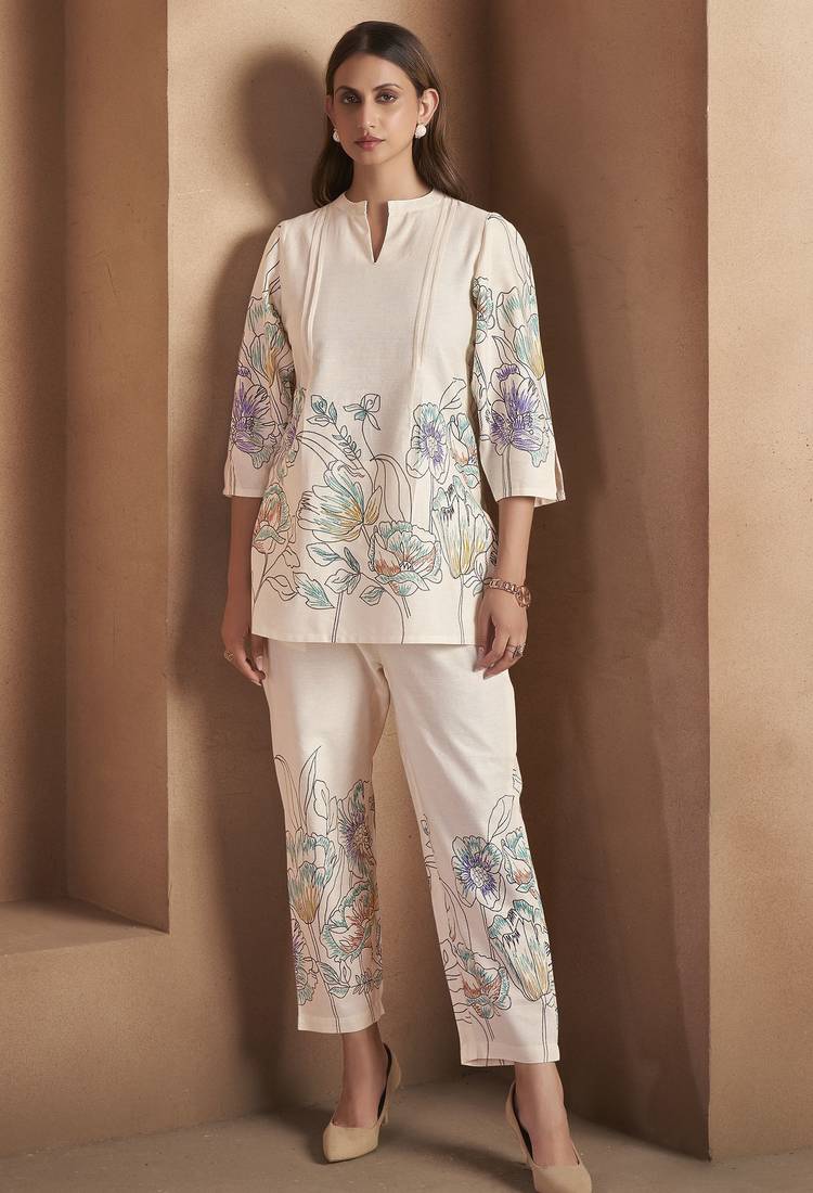 White pure cotton floral printed co-ord set for women