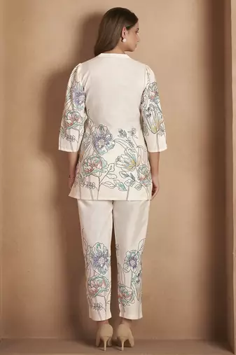 White pure cotton floral printed co-ord set for women