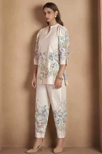 White pure cotton floral printed co-ord set for women