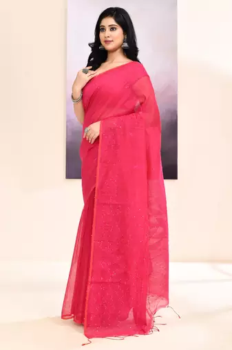 Women's pink self sequins embellished cotton blend jamdani saree