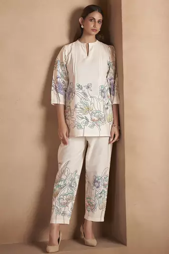 White pure cotton floral printed co-ord set for women