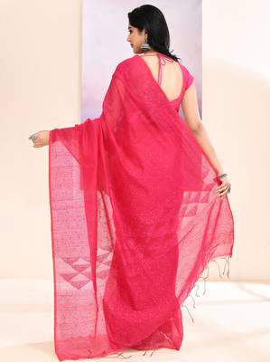 Women's pink self sequins embellished cotton blend jamdani saree 3
