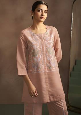 Women's peach embroidered flared roman silk co-ord set 2