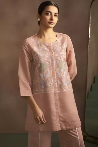 Women's peach embroidered flared roman silk co-ord set
