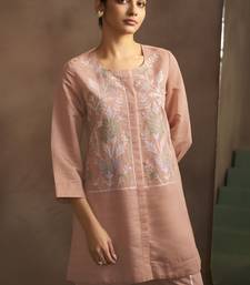 Women's peach embroidered flared roman silk co-ord set