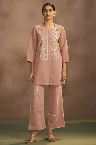 Women's peach embroidered flared roman silk co-ord set