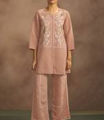 Women's peach embroidered flared roman silk co-ord set
