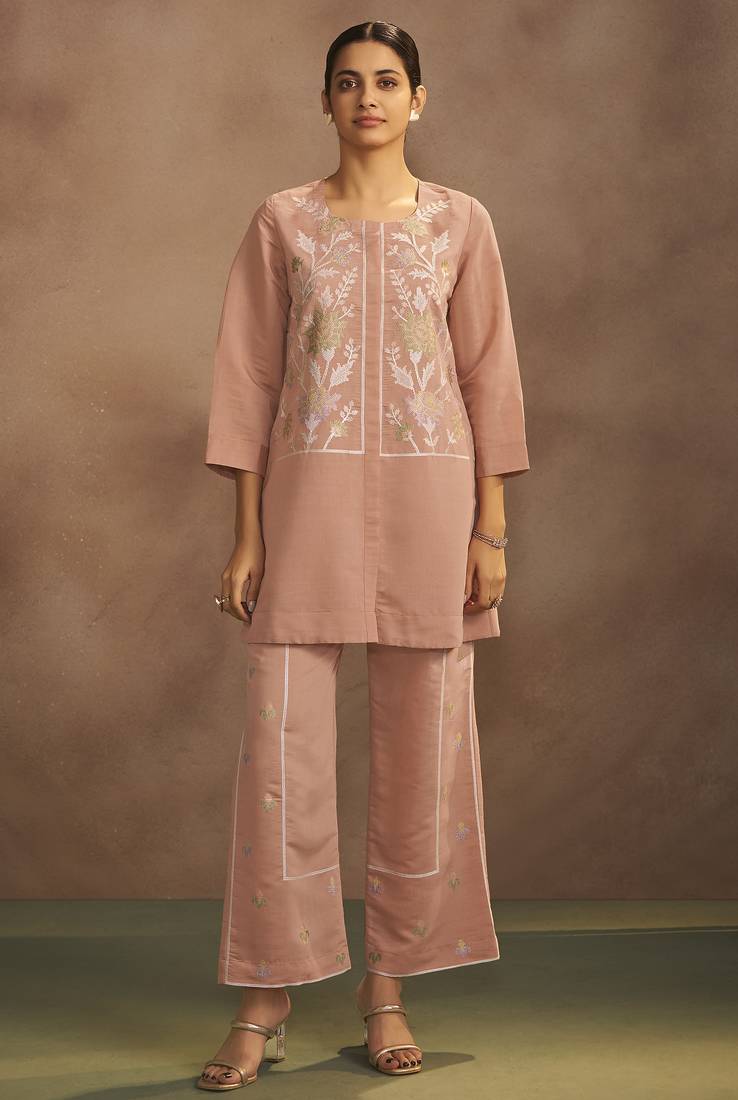 Women's peach embroidered flared roman silk co-ord set