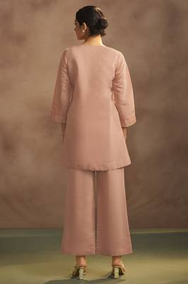 Women's peach embroidered flared roman silk co-ord set 3