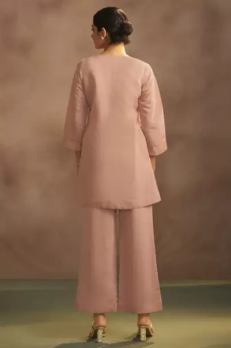 Women's peach embroidered flared roman silk co-ord set