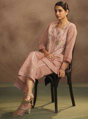 Women's peach embroidered flared roman silk co-ord set 4