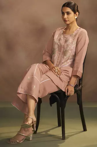 Women's peach embroidered flared roman silk co-ord set