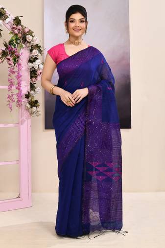 Women's blue sequins embellished cotton blend jamdani saree